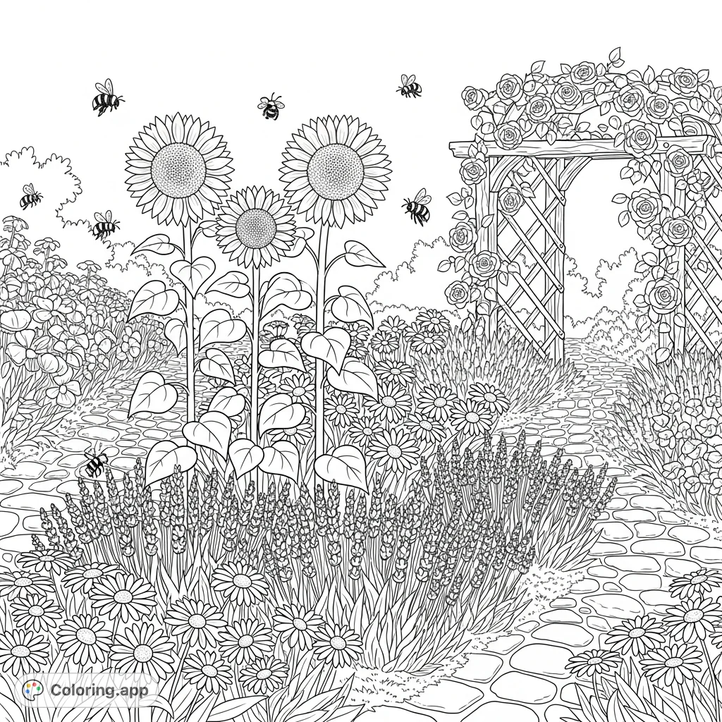 Immerse yourself in a beautifully detailed cottage garden coloring page, featuring towering sunflowers, delicate roses, buzzing bumblebees, and winding cobblestone paths.
