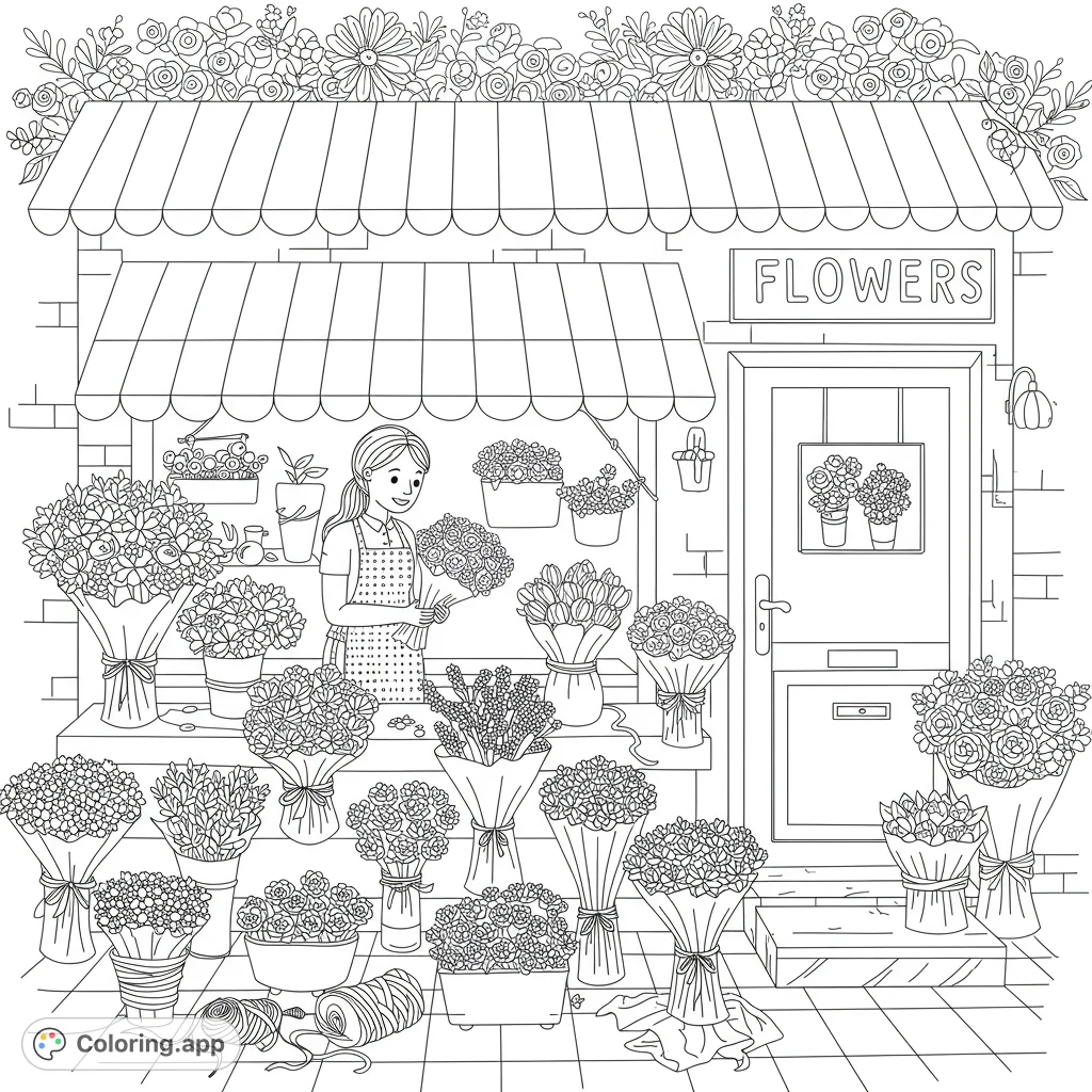 Explore a charming flower shop coloring page featuring a friendly florist, abundant bouquets, and intricate floral details for a delightful coloring experience.
