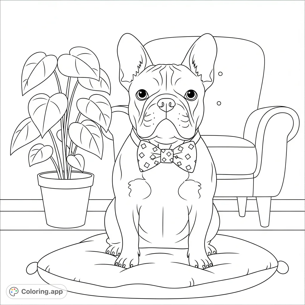 A delightful coloring page featuring a French bulldog wearing a stylish bow tie, sitting comfortably in an indoor setting with a simplified chair and plant.