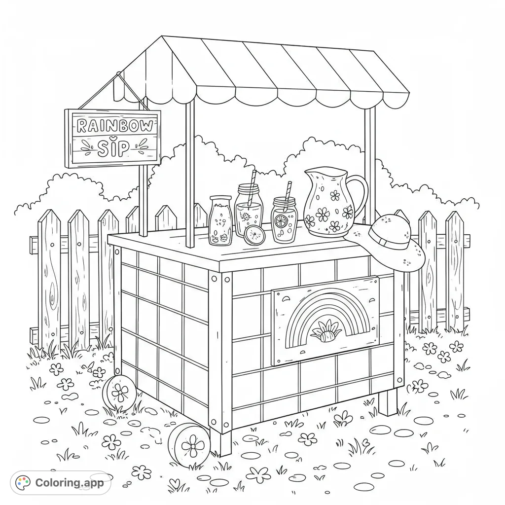 A delightful lemonade stand coloring page featuring refreshing drinks, a charming rainbow sign, and a sunny outdoor setting. Perfect for a fun, vibrant coloring experience.