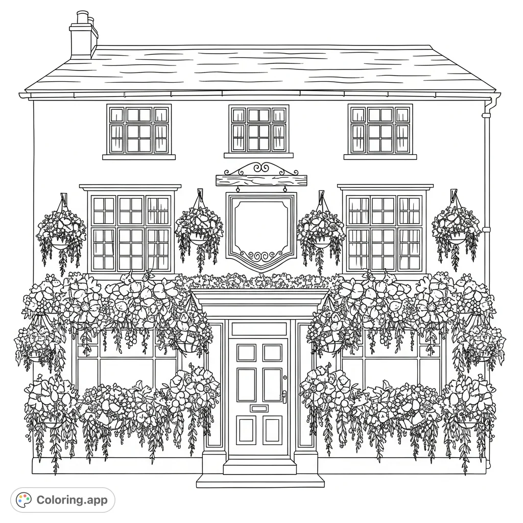 Step into a cozy scene with a charming pub exterior, adorned with overflowing floral baskets and a classic wooden sign. Perfect for a relaxing coloring experience.