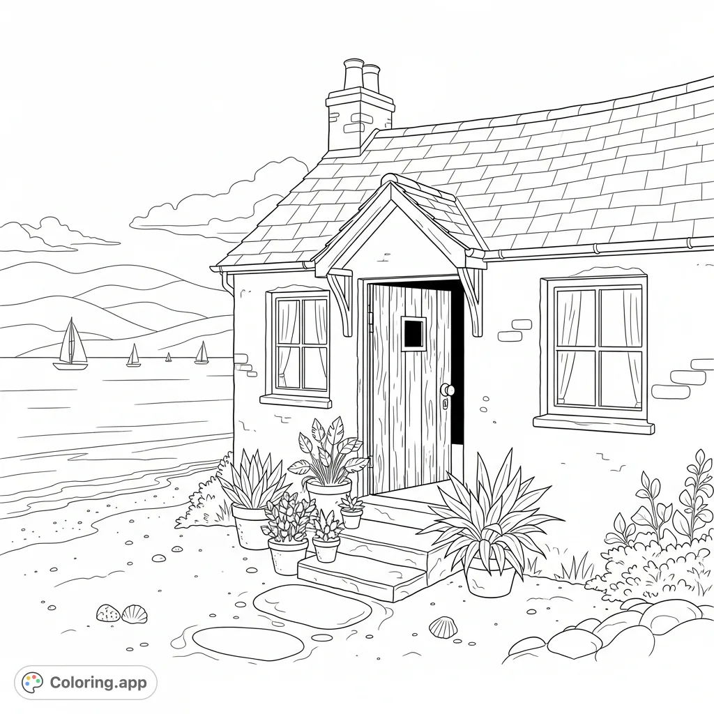 Color a charming seaside cottage with a weathered door, potted plants, and a serene ocean backdrop. Perfect for a relaxing escape.