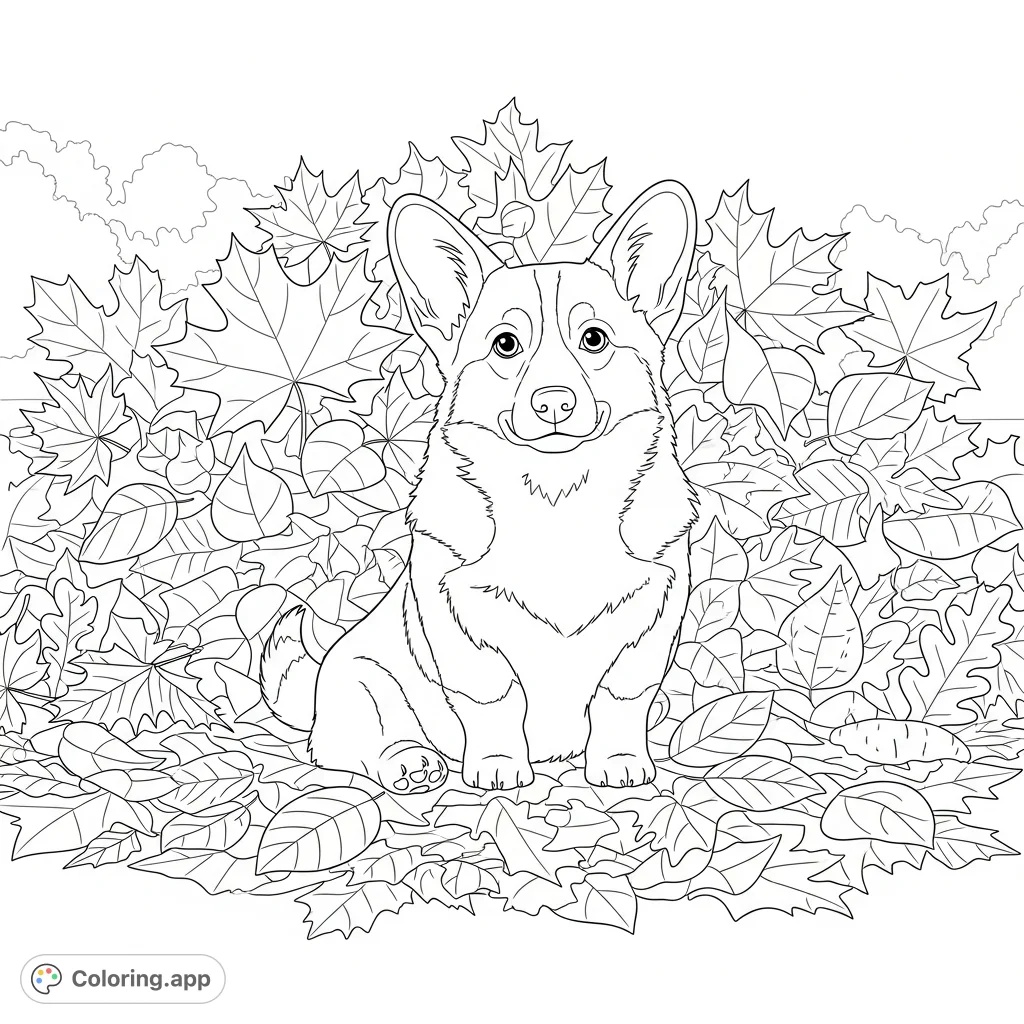 A delightful coloring page featuring a cheerful corgi happily nestled in a large pile of beautifully outlined autumn leaves, perfect for seasonal fun.