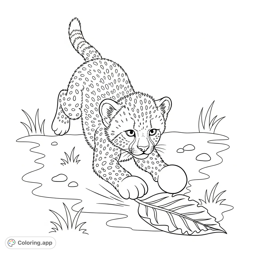 A charming coloring page featuring a fluffy cheetah cub mid-pounce on a large leaf, set against a simple savannah backdrop. Perfect for animal lovers.