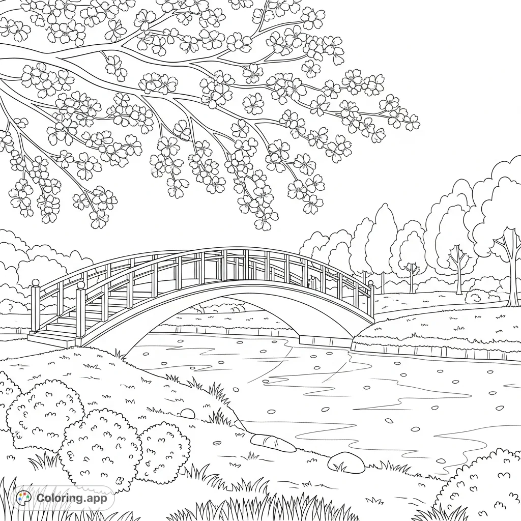 A beautiful city park coloring page featuring a graceful cherry blossom tree, a serene pond with scattered petals, and an arching bridge. Perfect for relaxation.
