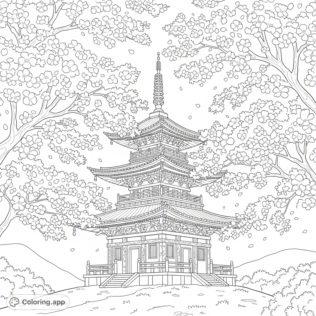 An exquisite coloring page featuring a multi-tiered pagoda surrounded by delicate cherry blossom trees in full bloom, inviting a serene and detailed coloring experience.