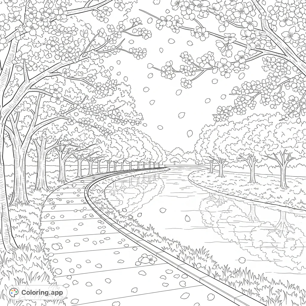 Experience the tranquility of a cherry blossom walkway alongside a gentle river. Delicate petals drift from flowering trees, creating a peaceful, picturesque scene.
