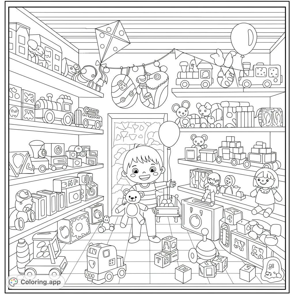 Explore a vibrant toy store scene! A happy child with a teddy bear is surrounded by shelves packed with trains, blocks, dolls, and more.