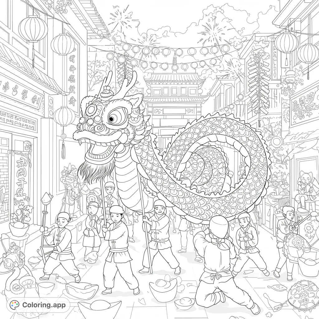 Celebrate with this vibrant Chinese New Year parade coloring page! Features a majestic dragon dance, festive street, and traditional elements.