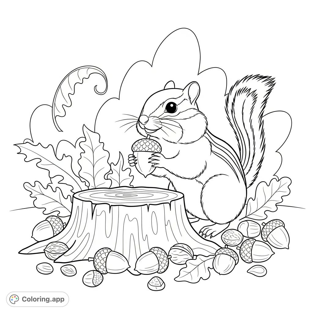 A charming coloring page depicting a diligent chipmunk at the base of a tree stump, surrounded by scattered nuts and simplified forest leaves.