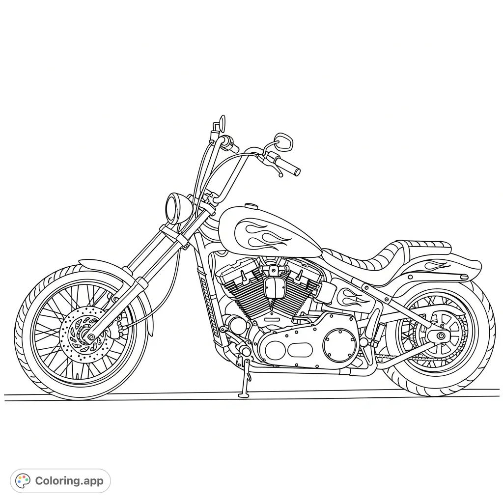 Detailed long-rake chopper cruiser featuring high ape-hanger handlebars, a powerful engine, and simple flame outlines on its fuel tank, perfect for motorcycle enthusiasts.