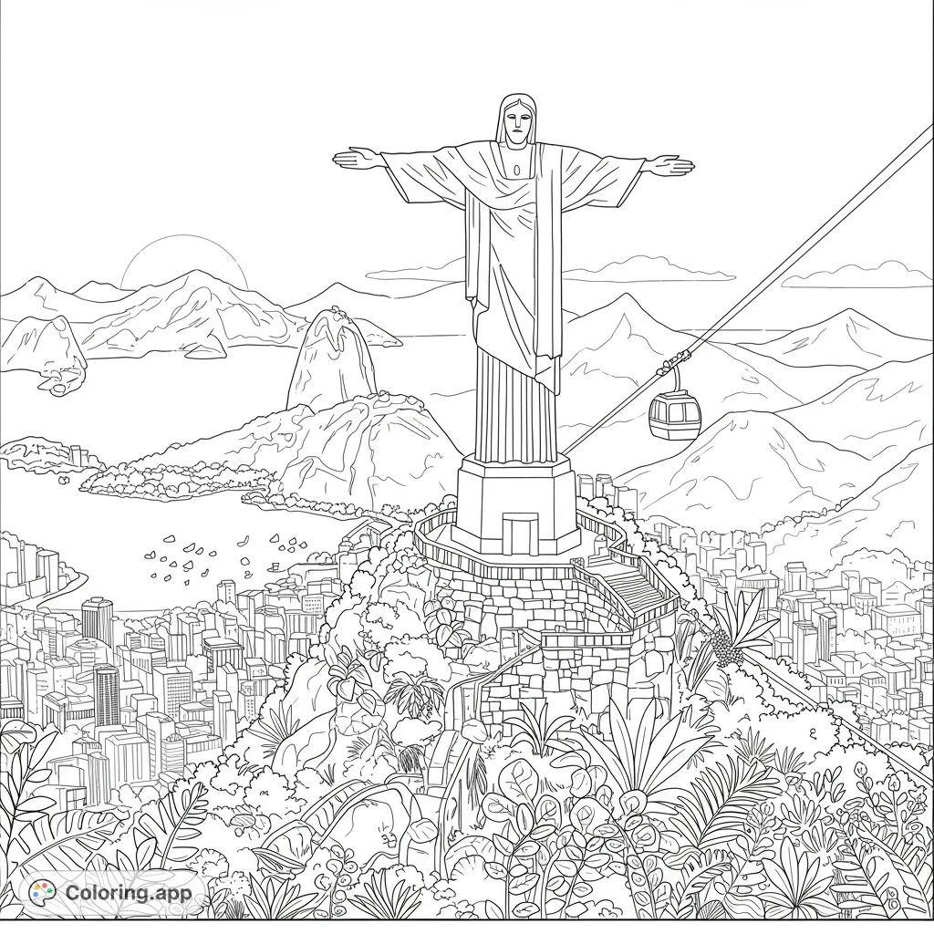Iconic Christ the Redeemer statue overlooks vibrant Rio de Janeiro, featuring Sugarloaf Mountain and a cable car. A free printable Rio de Janeiro coloring page.