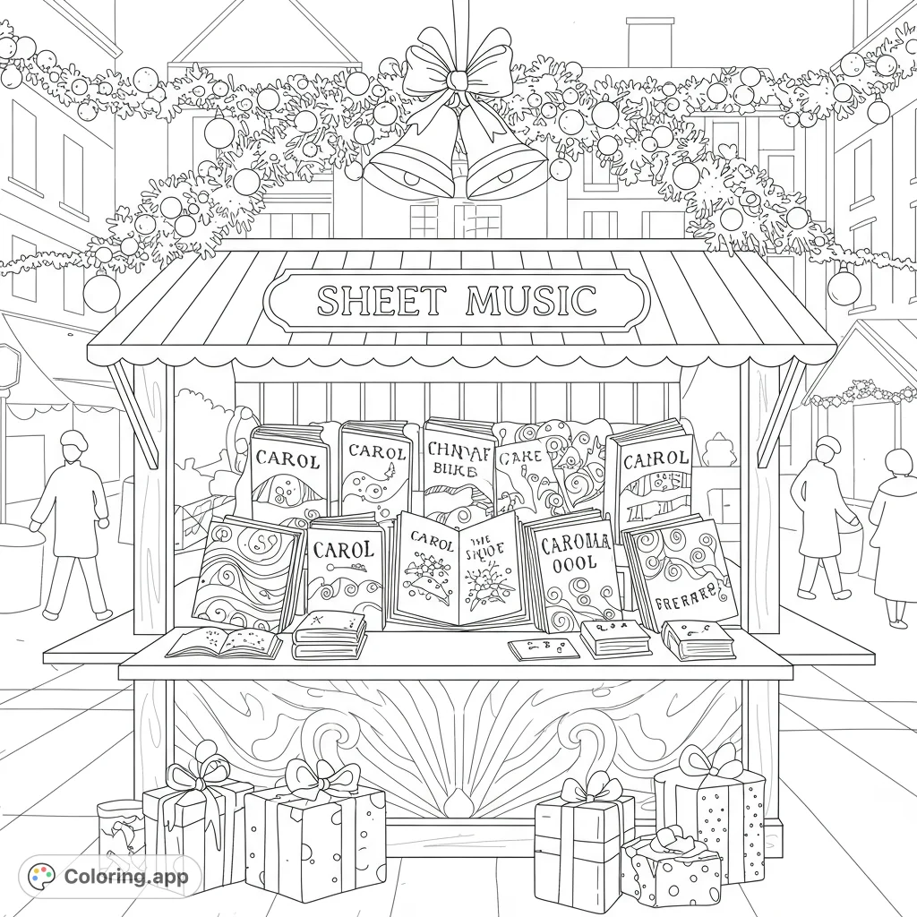 A charming Christmas market scene featuring a sheet music stall adorned with festive garlands, bells, and carol books. Perfect for holiday coloring fun!