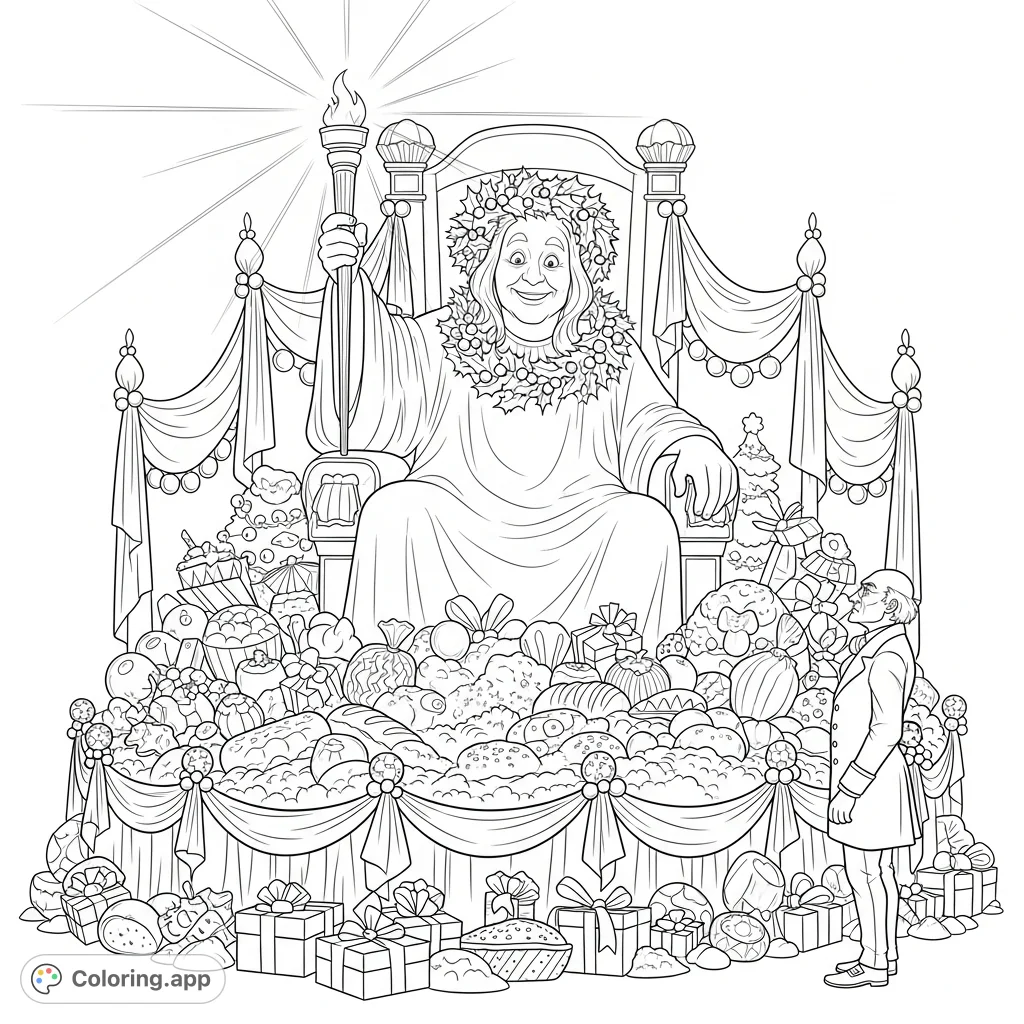 A detailed Ghost of Christmas Present coloring page, featuring the jovial spirit surrounded by festive bounty, observed by Scrooge. A free printable holiday scene for all ages.
