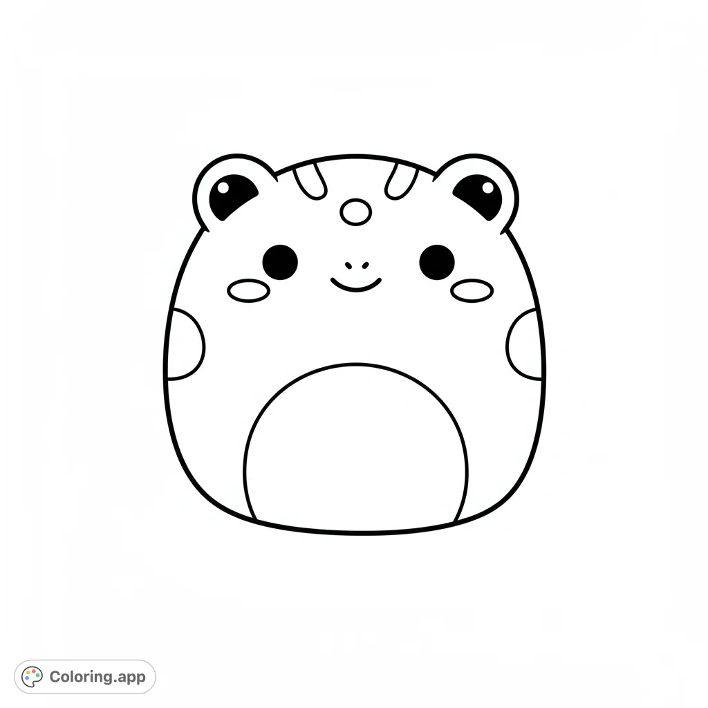 An adorable, chubby frog-like creature with big eyes and a sweet smile, perfect for a fun and easy frog coloring page. A free printable coloring page for kids.