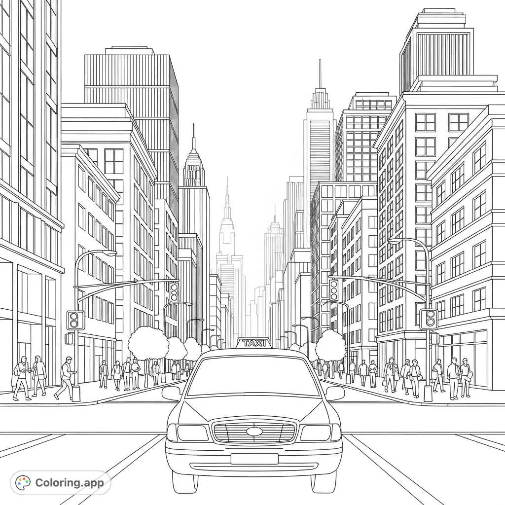 Explore a vibrant city avenue with a classic taxi, towering skyscrapers, and bustling sidewalks. Perfect for urban explorers to add their unique flair.