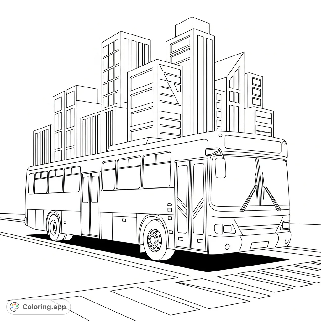 An engaging coloring page featuring a robust city bus navigating a traffic lane, surrounded by modern geometric buildings and simple road markings.