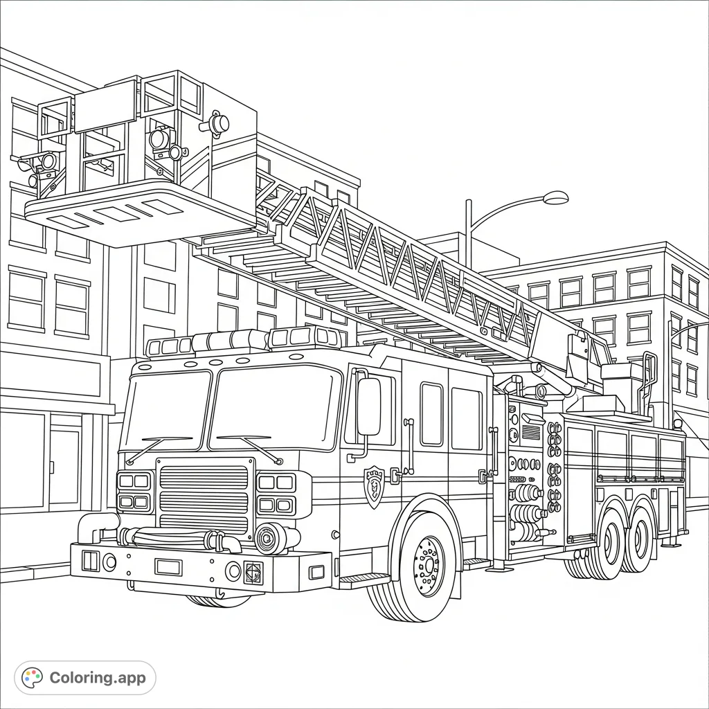 A detailed coloring page featuring a powerful fire truck with its ladder partially extended on a bustling city street, ready for action.