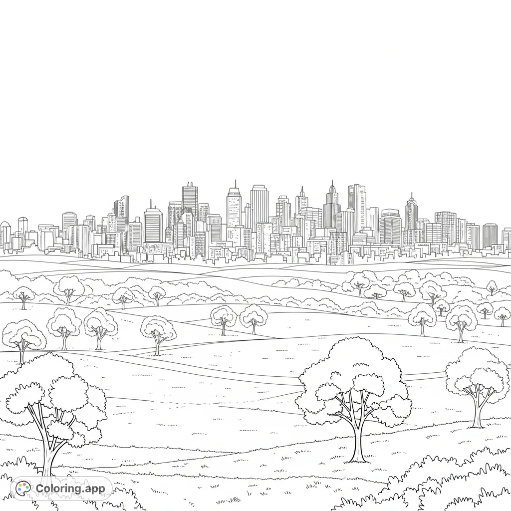 A beautiful city park meadow with rolling hills, scattered trees, and a detailed city skyline in the distance. A serene urban oasis.
