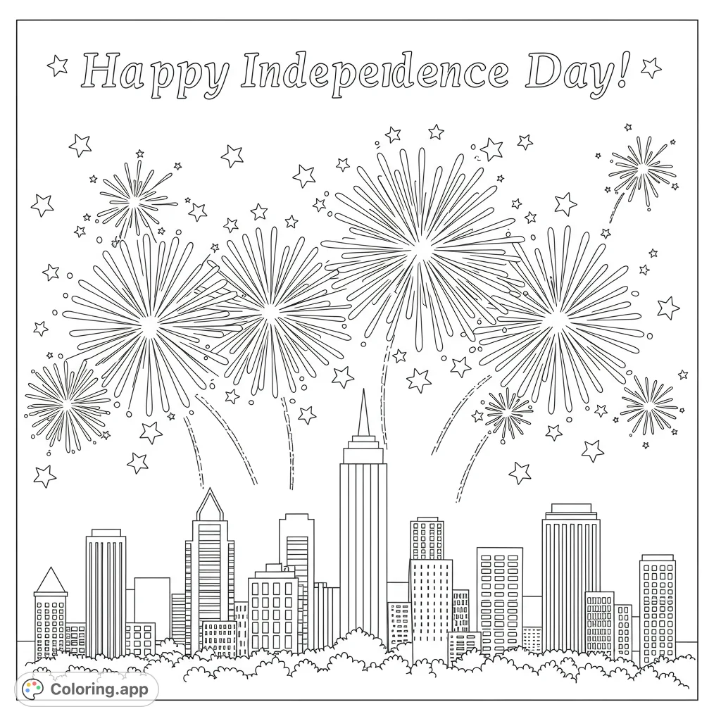 Celebrate with a dynamic city skyline and dazzling fireworks. A free printable patriotic coloring page for kids and adults, perfect for festive fun.