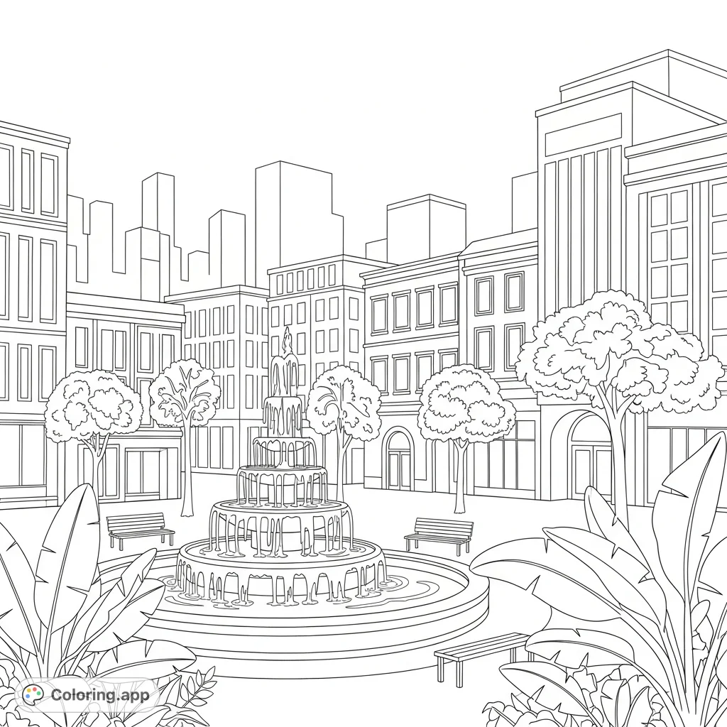 Explore a bustling city square with a grand fountain, tall buildings, and serene palm trees. A detailed urban landscape ready for your creative touch.