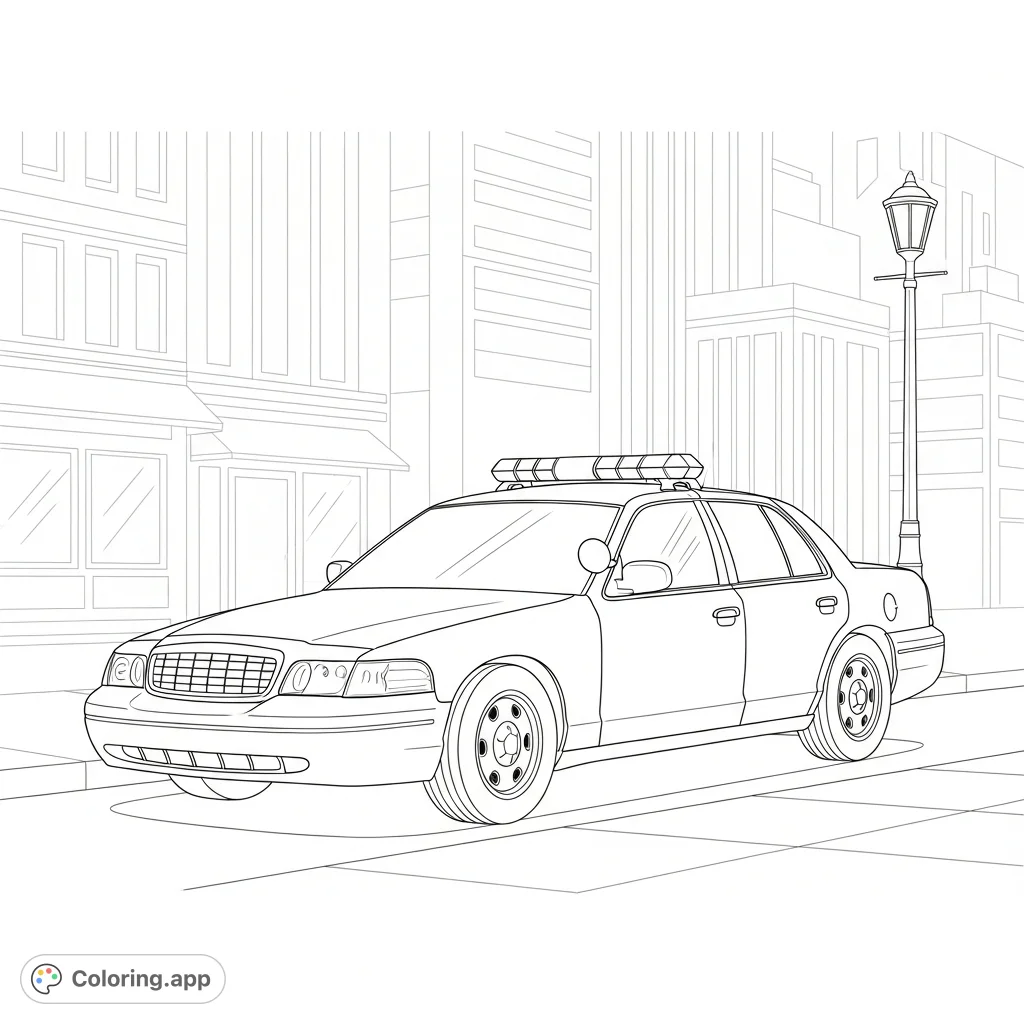 A detailed police car coloring page, parked on a bustling city street with a prominent light bar. Perfect for enthusiasts of emergency vehicles and urban scenes.