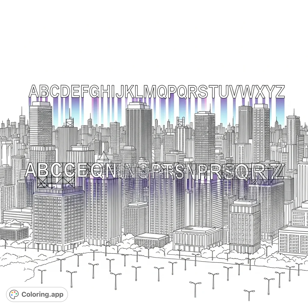Explore a detailed cityscape at twilight, where each skyscraper proudly displays a glowing alphabet letter, casting stunning reflections on glass facades.