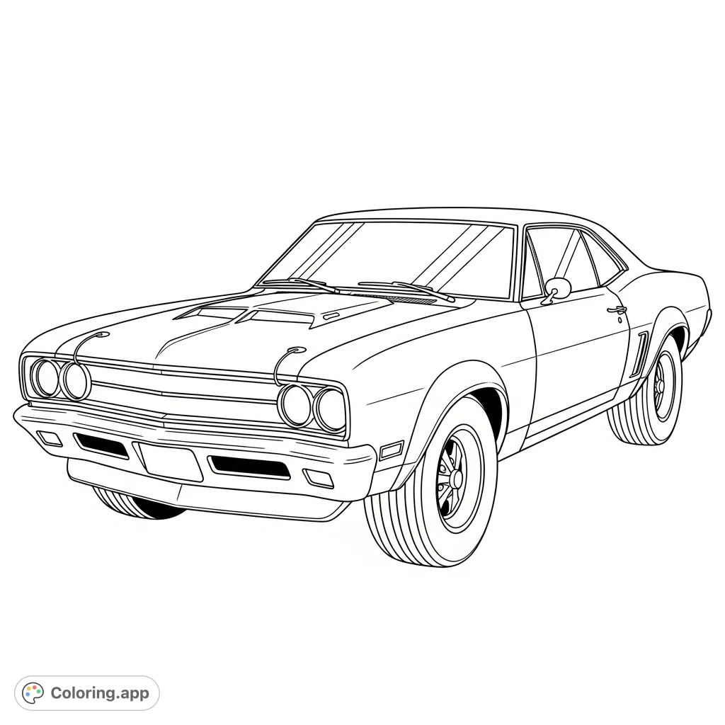 Unleash your creativity on this 1960s muscle car coupe. Featuring a wide stance, long hood, and classic design elements from a front three-quarter view.