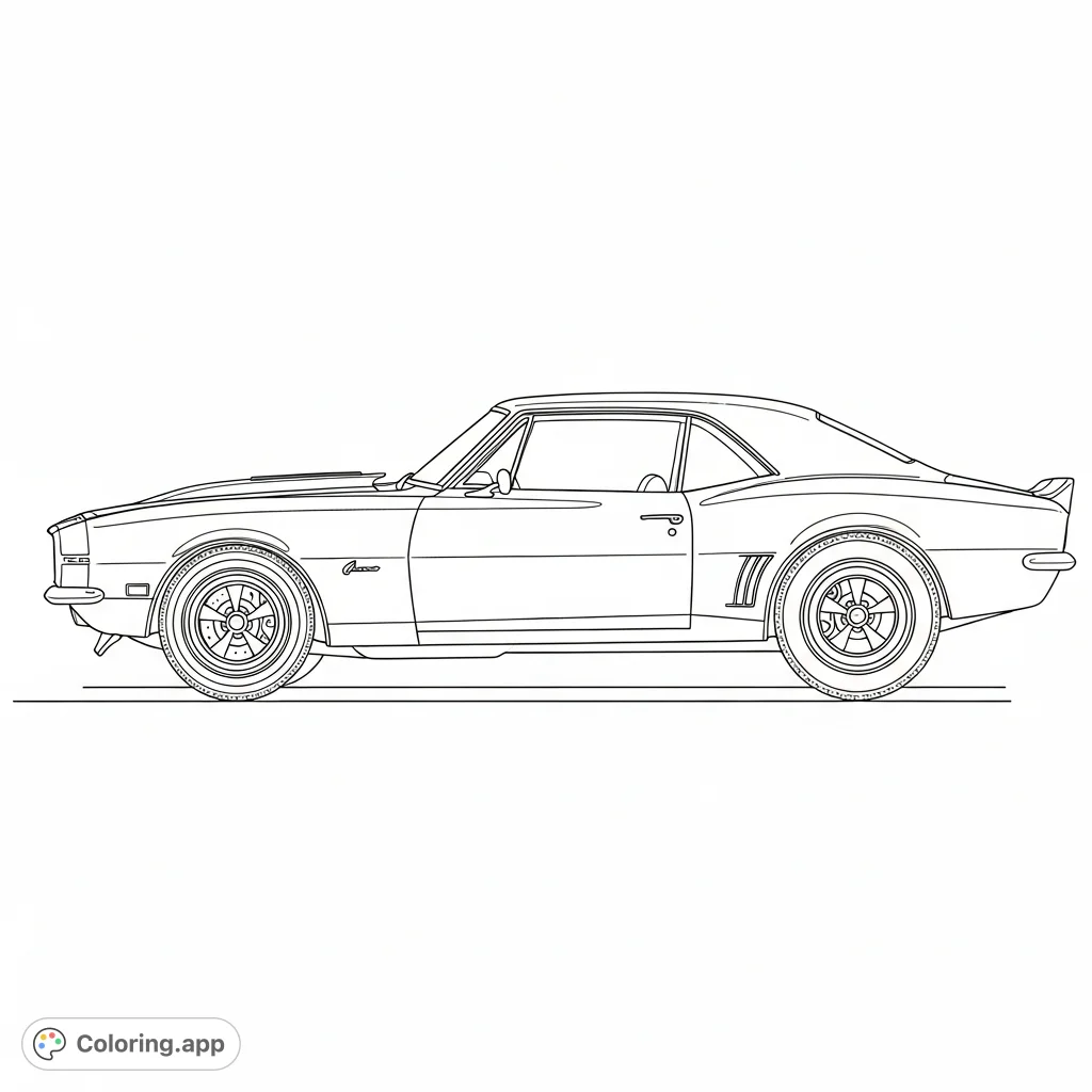 Detailed 1960s muscle car silhouette in profile, featuring iconic design elements like a long hood, fastback roof, and intricate wheels, ready for a personalized touch.