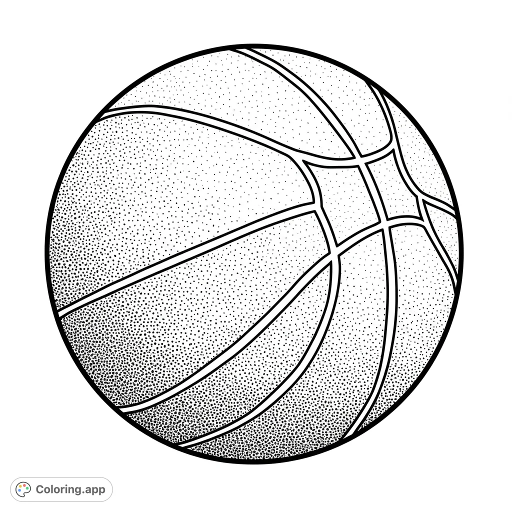 A classic basketball coloring page, perfect for sports fans. Features bold lines and textured areas for a dynamic look.