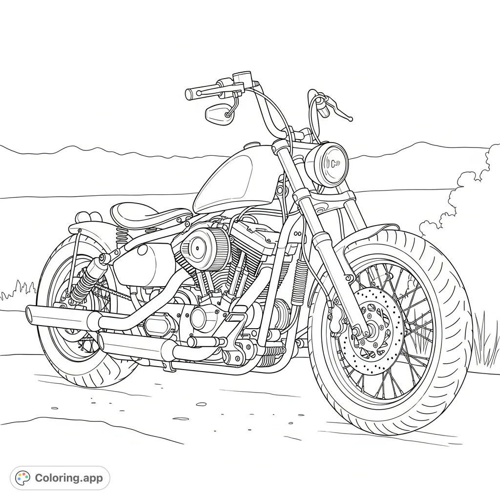 Detailed coloring page featuring a classic bobber-style cruiser motorcycle with a solo seat, stripped-down design, and prominent engine, set against a simple backdrop.