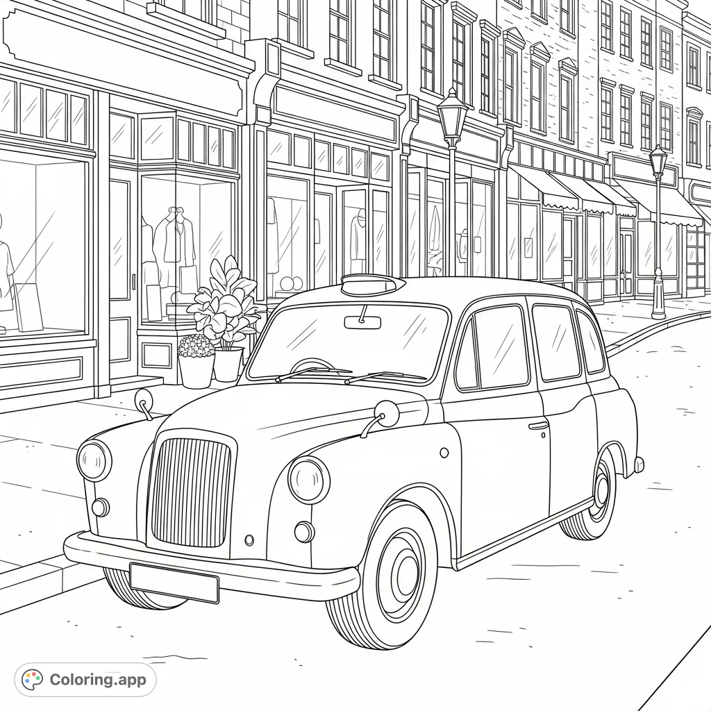 A classic black-cab-inspired car is parked along a charming curved street, with detailed storefronts and architectural elements providing a lively urban backdrop.