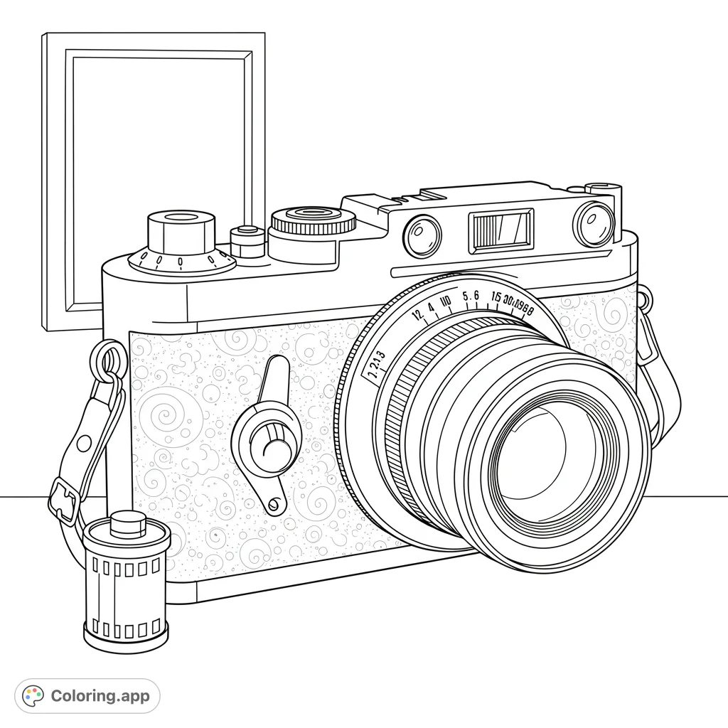 Capture creativity with this detailed vintage camera coloring page. Features a classic camera, intricate lens, and film roll, perfect for photography enthusiasts.