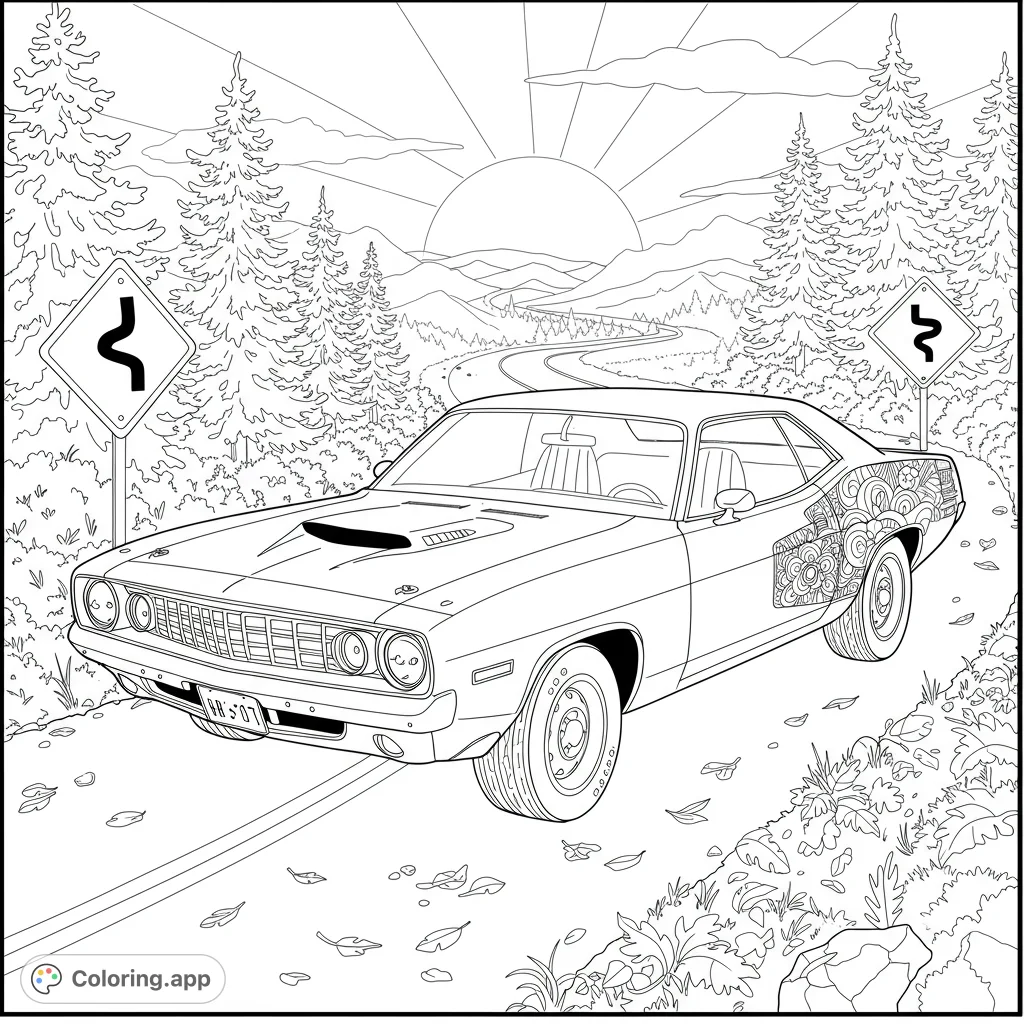 A classic muscle car on a winding mountain road, surrounded by pine trees and distant peaks under a rising sun. Perfect for car enthusiasts.