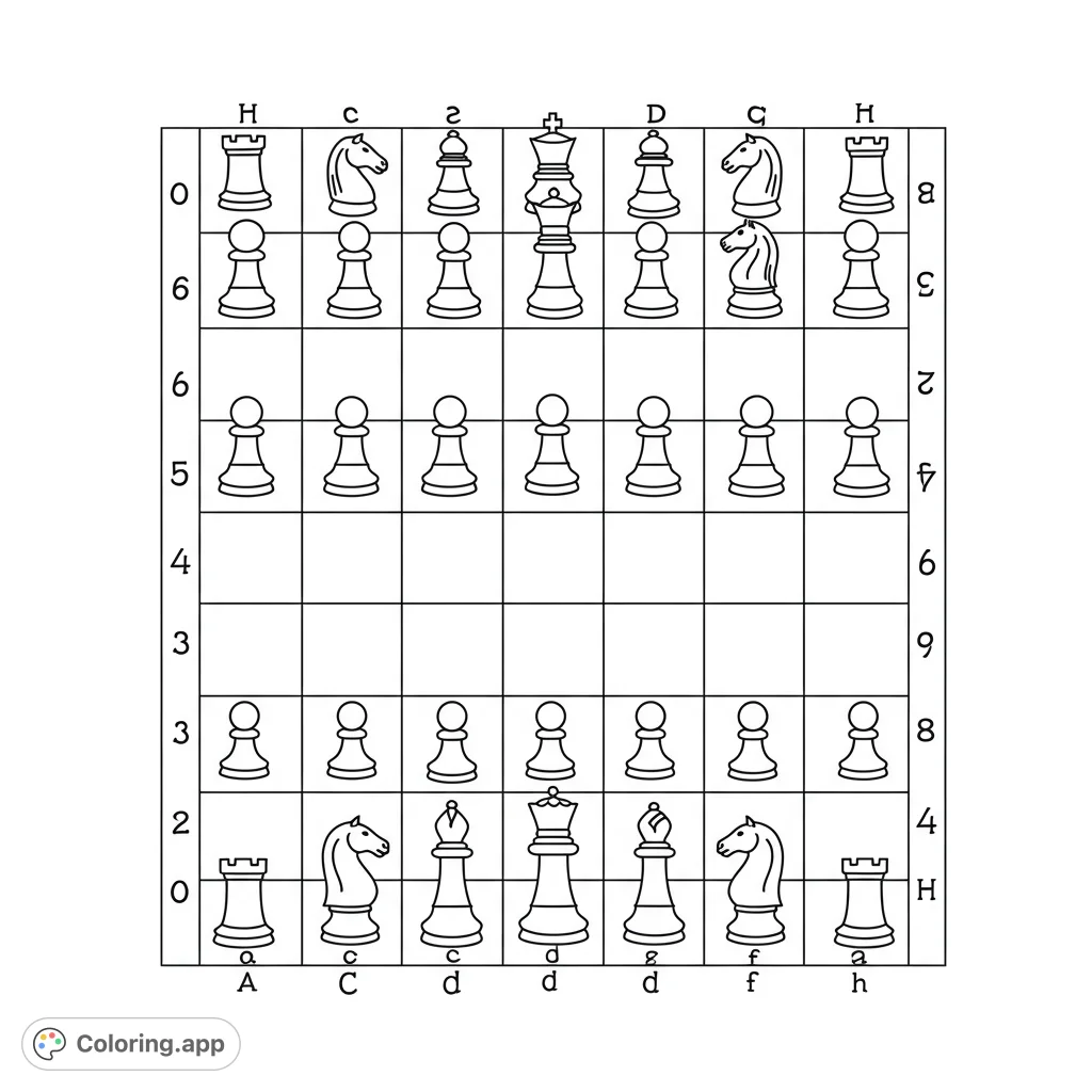 A detailed black and white line drawing of a classic chessboard with all pieces in their starting positions, perfect for strategic coloring fun.
