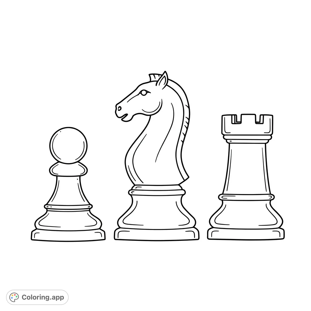 Detailed black and white line art of a chess pawn, knight, and rook. A free printable chess coloring page for all ages.