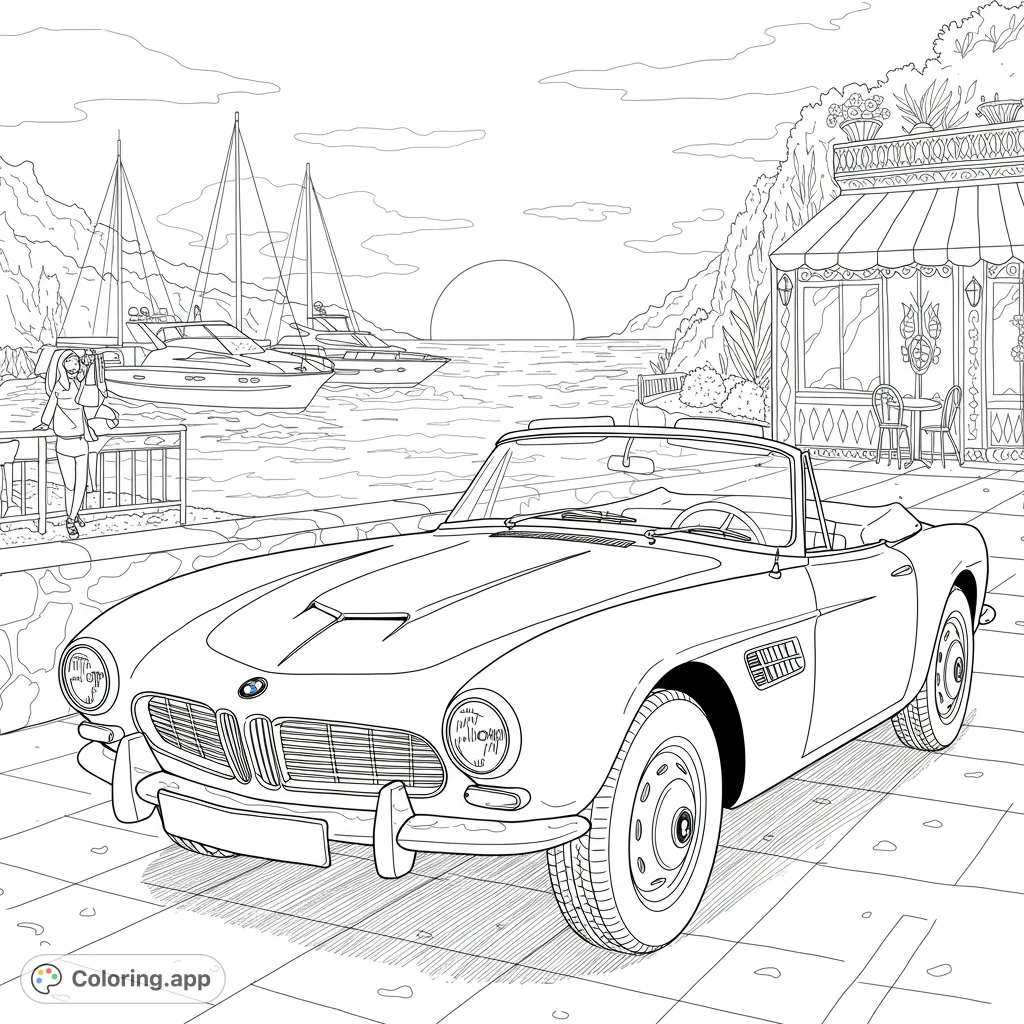 Experience the elegance of a classic convertible by the sea at sunset. A free printable classic car coloring page for all ages.