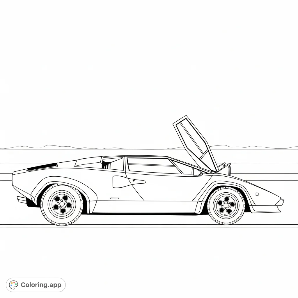 Step into the past with this classic Countach coloring page. Features the iconic angular sports car with distinctive pop-up headlights.
