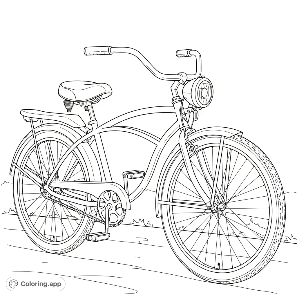 Embark on a nostalgic ride with this classic cruiser bike coloring page. Featuring spoked wheels, a large headlight, and a comfy seat, perfect for all ages.