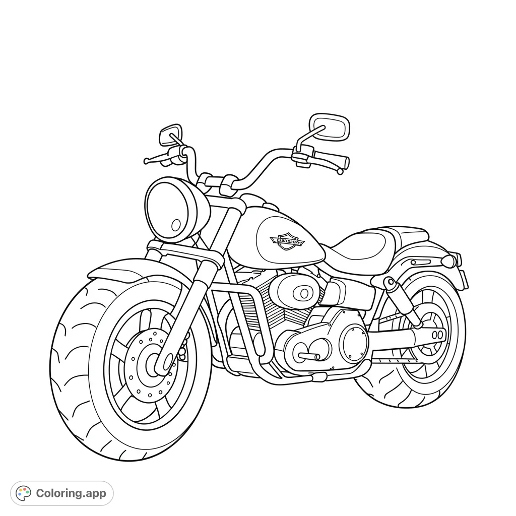 Detailed cruiser motorcycle coloring page, perfect for vehicle enthusiasts. Free printable for all ages to enjoy coloring this classic ride.