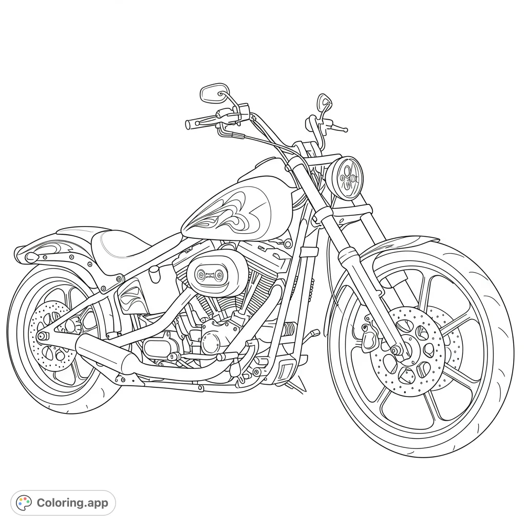 Detailed classic cruiser motorcycle coloring page, perfect for enthusiasts. Features intricate engine, wheels, and a flame-patterned tank.