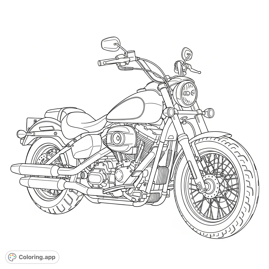 Color a classic Harley-style cruiser motorcycle. Features a detailed V-twin engine, bold contours, and iconic design elements from a front three-quarter view.