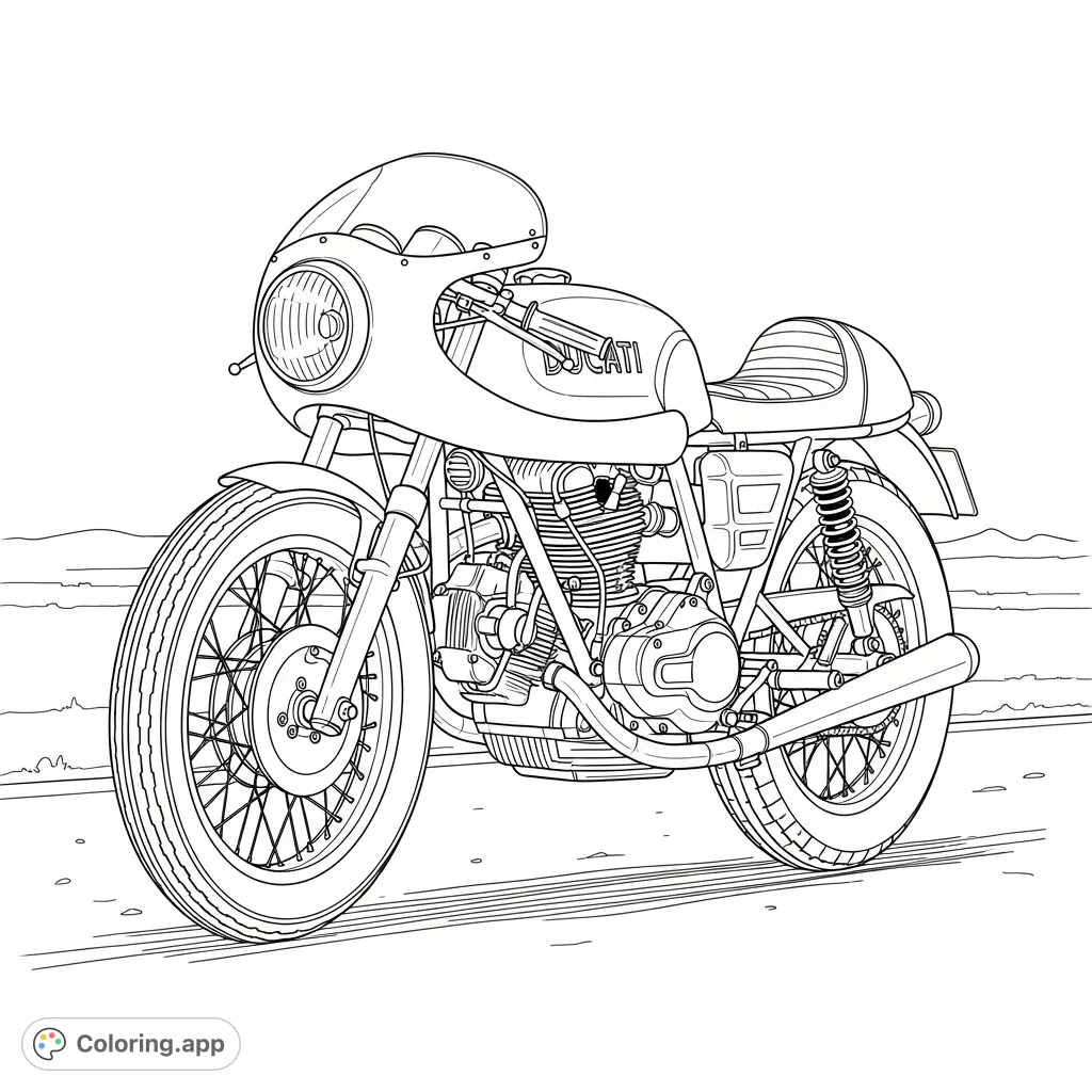 Color this sleek classic Ducati café racer, featuring a prominent round headlight, sculpted fuel tank, and distinct humped seat. Perfect for motorcycle enthusiasts.