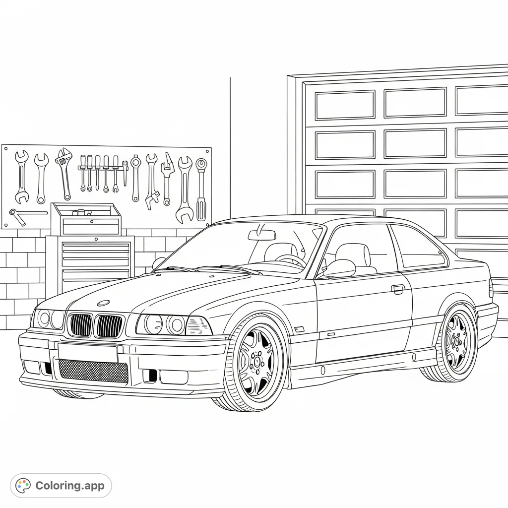 Color a detailed classic E36 M3 coupe parked beside a garage door, with simplified mechanic's tools in the background. Perfect for car enthusiasts.