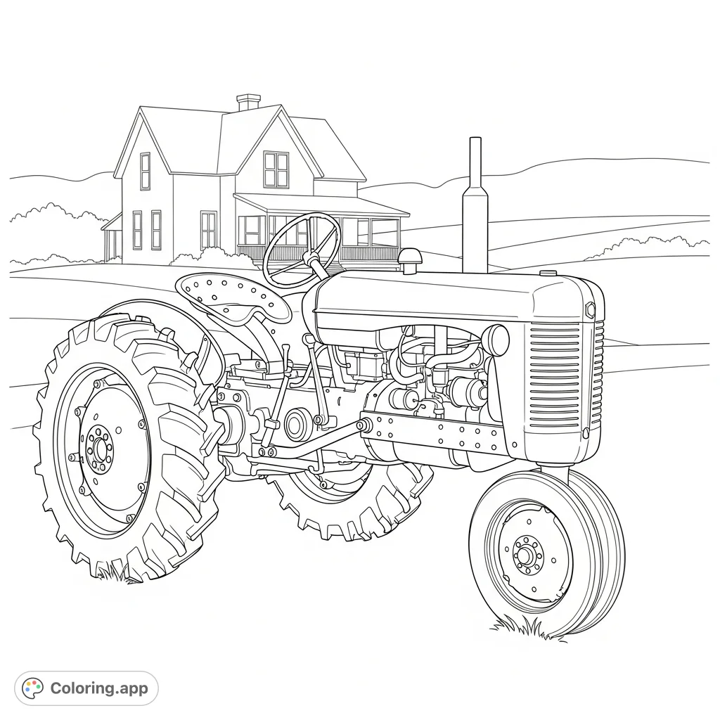 Color a classic farm tractor with a metal seat and thin steering wheel. A charming farmhouse silhouette in the background completes this peaceful rural scene.