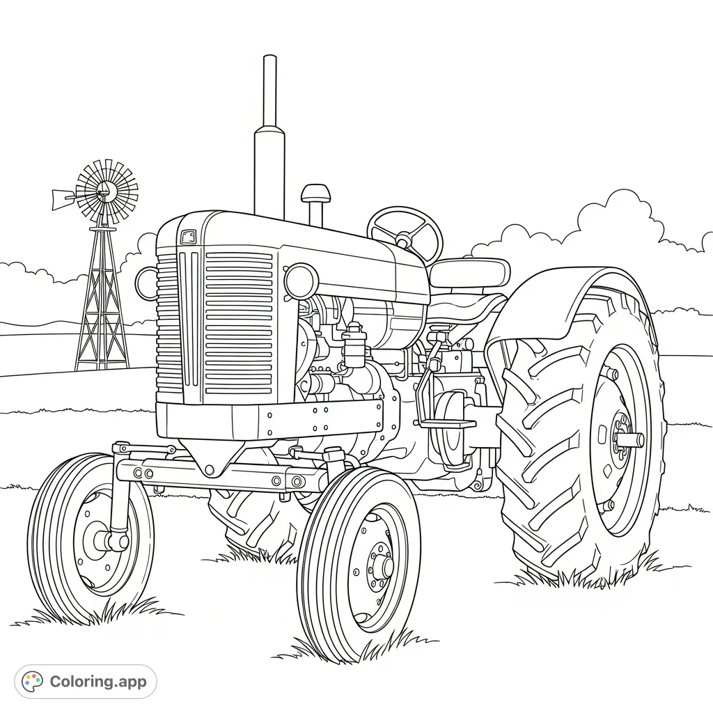 A charming coloring page featuring a classic farm tractor with wide fenders and a boxy grill, set against a rural landscape with a traditional windmill silhouette.