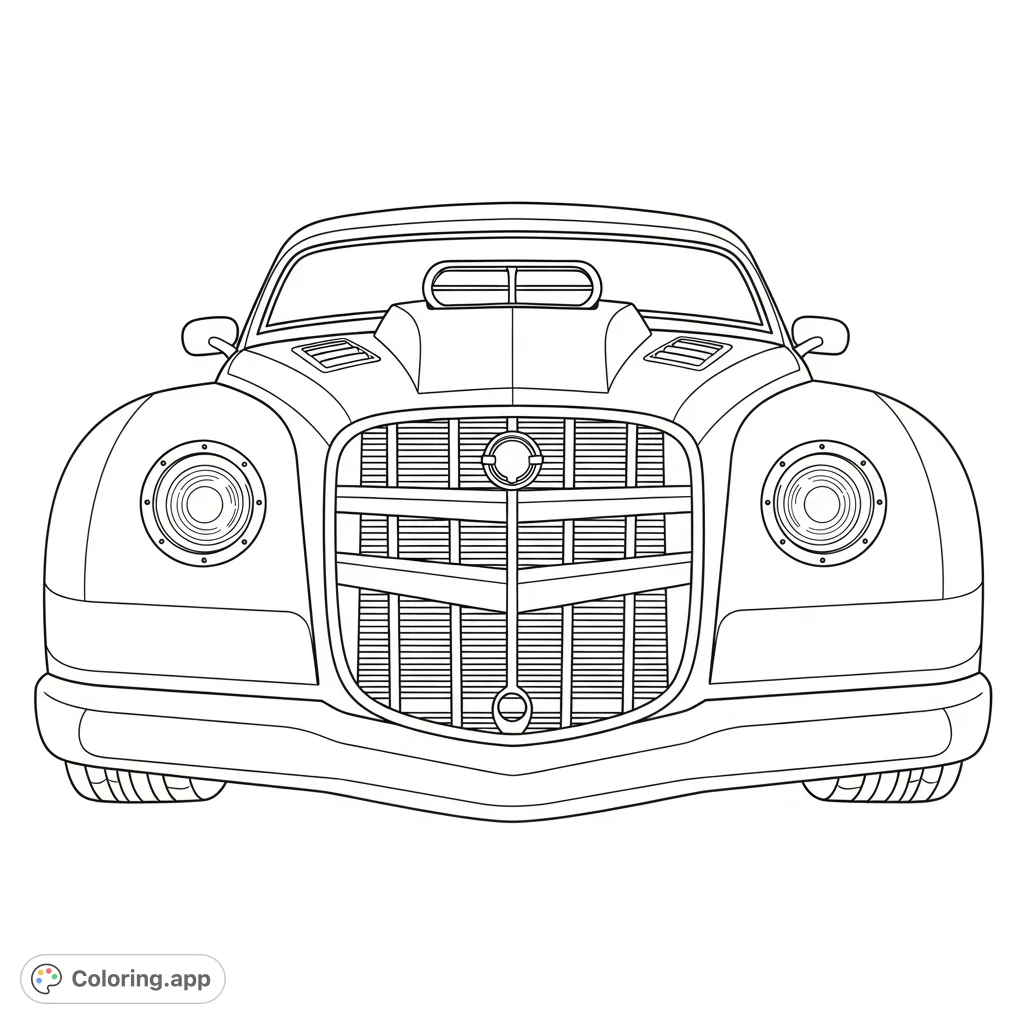 Capture the raw power of a classic hot rod. This page highlights its bold grille, gleaming headlights, and muscular front, offering an exciting coloring challenge.