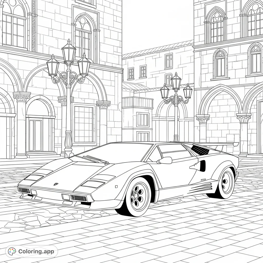 Color a classic Lamborghini Countach parked on a charming cobblestone plaza in an old European town, contrasting sharp car lines with intricate historic architecture.