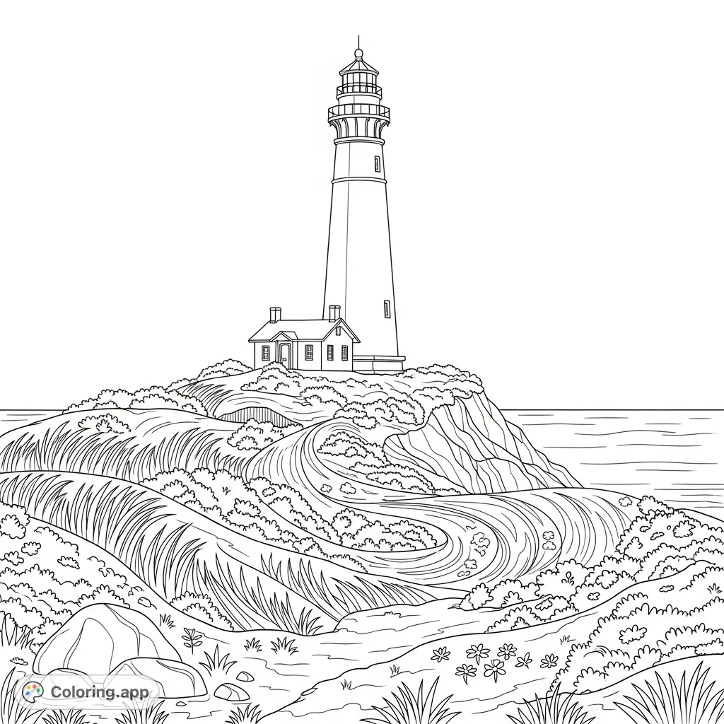 A detailed coloring page depicting a classic lighthouse towering on a rugged bluff, surrounded by wind-swept coastal flora and overlooking a tranquil sea.