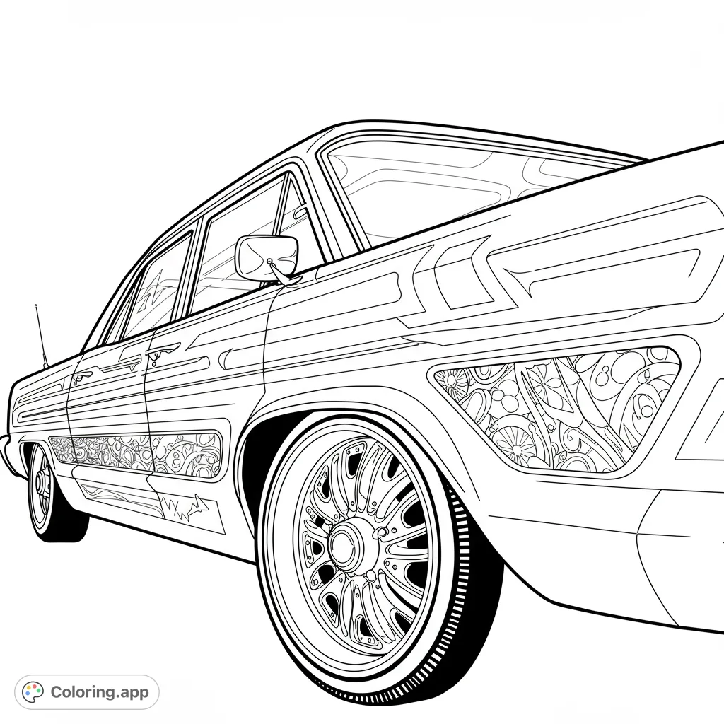 Cruise into creativity with this detailed lowrider car coloring page. Features intricate pinstripes and classic custom wheels for a unique coloring experience.
